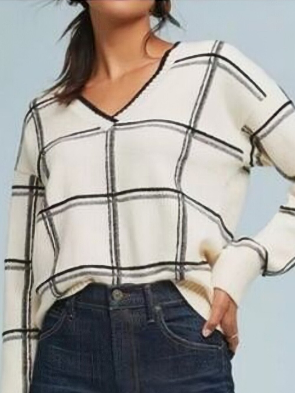 Anthropologie Moth Cream & Black V-Neck Windowpane Plaid Sweater Sz L